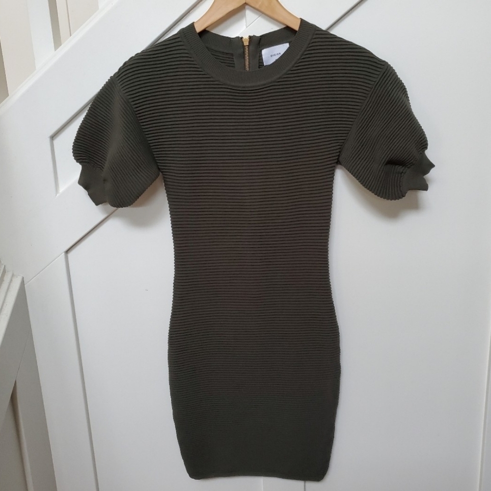New Olive Green Ribbed Knit Mini Sheath Dress